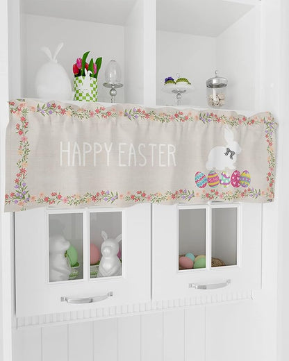 Easter Day Valances Kitchen Curtains for Windows,Easter Rabbit Bunny Eggs Rod Pocket Valances Blue Pink Spring Floral Rustic Home Decoration Short Curtains for Bedroom/Living Room,54" X 18" -1 Panel