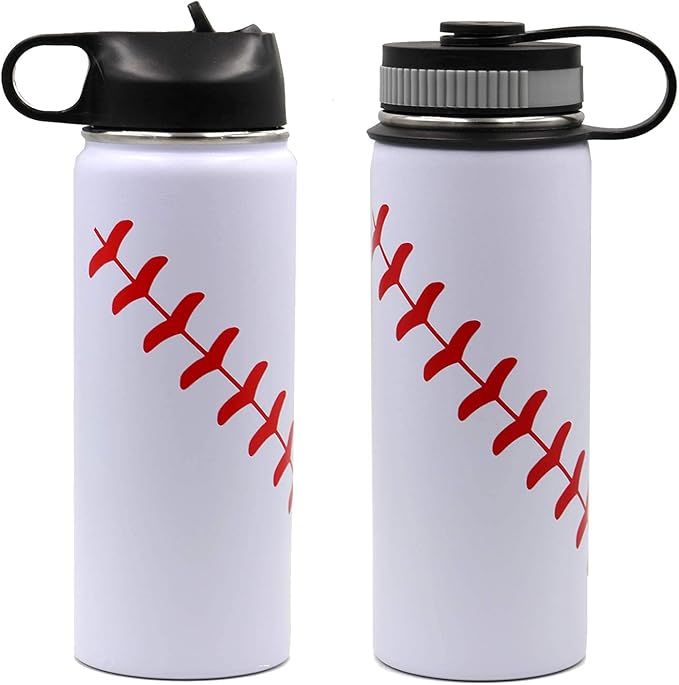 18 oz Baseball Water Bottle, Sports Canteen Metal Travel Tumbler with 2 Lids 18/8 Stainless Steel Double Wall Vacuum Insulated Water Bottles (18oz, White baseball)