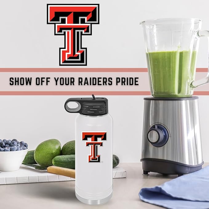 Texas Tech University 32oz Stainless Steel Double Walled White Beverage Bottle with Flip Straw Spout - College Gear for Playoff Season – For Office, Home or Auto – Show your Red Raider Pride