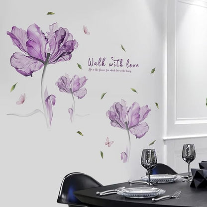 "Walk into Love" 3D Purple Flower Wall Stickers - 60cm x 23.6in Vinyl Decor for Home, Bedroom, Living Room, Office, Bathroom - 2 Sheets of 30cm x 90cm