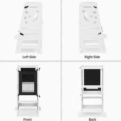 TOETOL Bamboo Toddler Kitchen Stool for Kids Step Stool - White Little Helper Tower Adjustable Height with Learning Black & White Activity Board