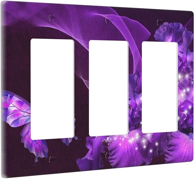 Purple Butterfly Flower Triple Rocker Light Switch Wall Plate Cover Decorative 3-Gang for Outlet Girls Room Bathroom Bedroom Home Kitchen Three Decora Receptacle Polycarbonate Power Gear 4.5" x 6.38"