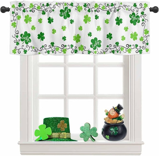 Vandarllin St. Patrick's Day Kitchen Curtains Valances for Windows Green Shamrock Irish Clover Rod Pocket Window Treatment for Kitchen/Living Room/Bedroom/Bathroom, 42" X 18", Seasonal Spring Holiday