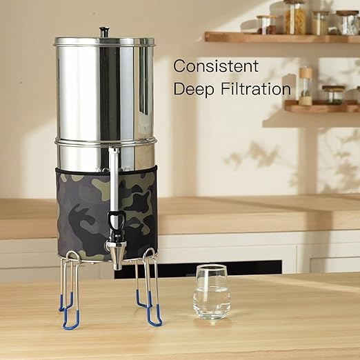 2.25G Gravity Water Filter System, 304 Stainless Steel Countertop System with 2 Ceramic Filters, Water View Spigot and Stand, Reduce Chlorine, for Home, Camping, RVing, Off-Grid, Emergencies