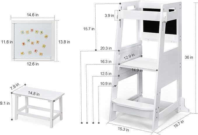 TOETOL Bamboo Toddler Step Stool White Kitchen Counter Learning Helper Standing Tower Ktchen Stool for Toddler 3 Height Adjustable with Chalkboard Message Boards, Small Step Stool, Non-Slip Mat