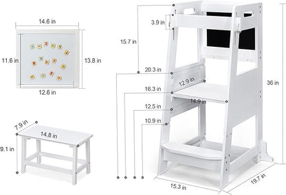 TOETOL Bamboo Toddler Step Stool White Kitchen Counter Learning Helper Standing Tower Ktchen Stool for Toddler 3 Height Adjustable with Chalkboard Message Boards, Small Step Stool, Non-Slip Mat