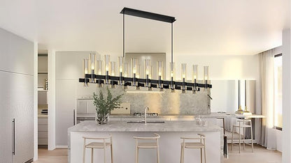 68 Inch Black Chandelier Linear with Clear Glass Shade, 20-Lights Modern Farmhouse Ceiling Pendant Hanging Light Fixture Over Table, for Dining Room, Kitchen Island