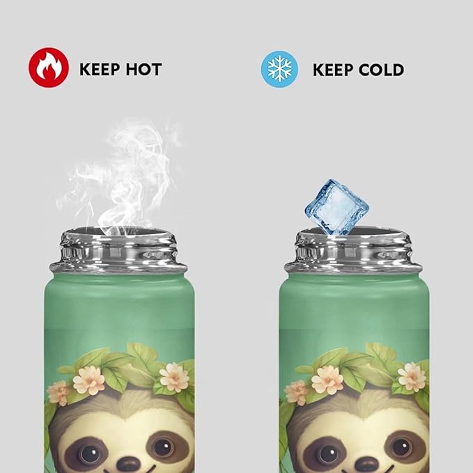 ZOUTAIRONG Sloth Insulated Water Bottle with Handle Stainless Steel Sports Water Flask Cup Portable Handle Lid Hot and Cold Water Bottle 20 oz Cute Animal Flower Travel Canteen Mug Green