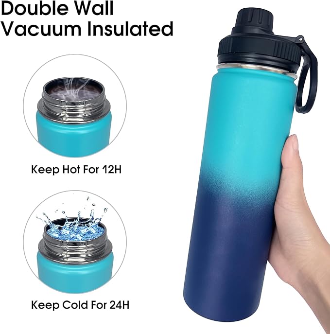 1pack 22 oz Insulated Water Bottle With Straw, Stainless Steel Sports Water Cup Flask with 2 Lids, Wide Mouth Travel Thermal Mug,Blue gradient