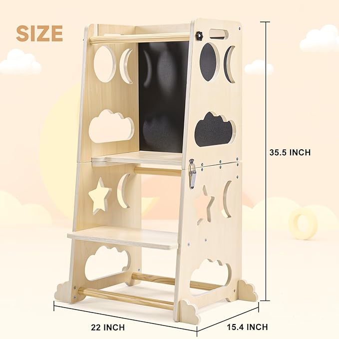 Toddler Step Stool Kitchen Stool Helper, 3 in 1 Toddler Standing Tower Collapsible Kids Step Stool for Bathroom, Montessori Kids Stool, Child Standing Tower for Toddlers with Chalkboard & Safety Rail