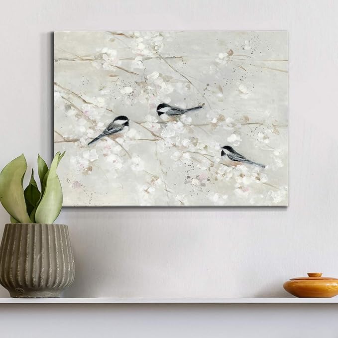 Renditions Gallery Canvas Nature Wall Art Home Paintings & Prints Elegant Little Birds Glam Romantic Abstract Modern Botanical Artwork Decor for Bedroom Office Kitchen - 12"x18" LT33