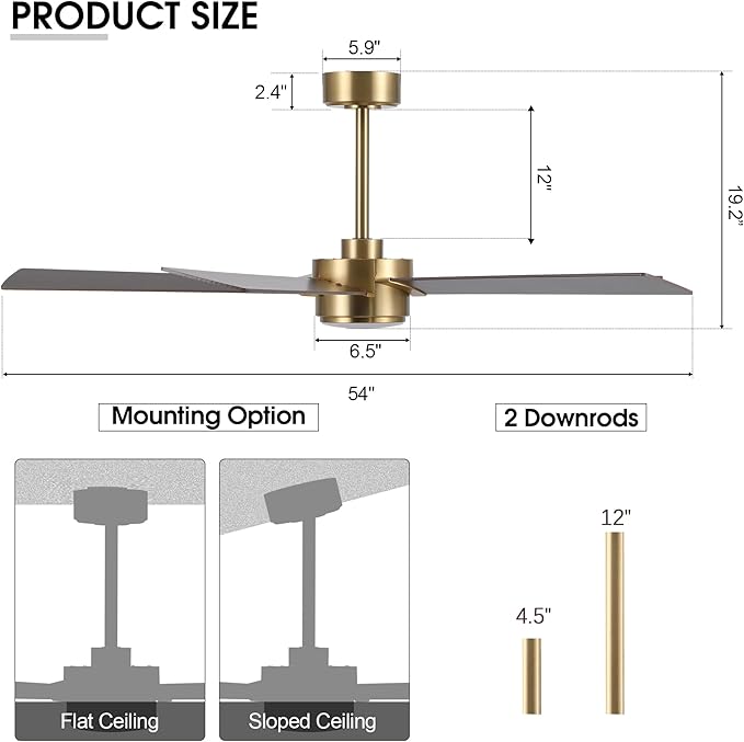 54" Ceiling Fan with Light and Remote Control, Modern Dimmable LED Light, 6-Speed Noiseless Reversible DC Motor, 5 Plywood Ceiling Fan for Kitchen Bedroom Living Room NAB Gold/Walnut