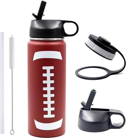 18 oz Football Water Bottle, Flask Sports with 2 Lids 18/8 Stainless Steel Tumbler Double Wall Vacuum Insulated Canteen Keep Beverages Hot/Cold (18oz, Football)