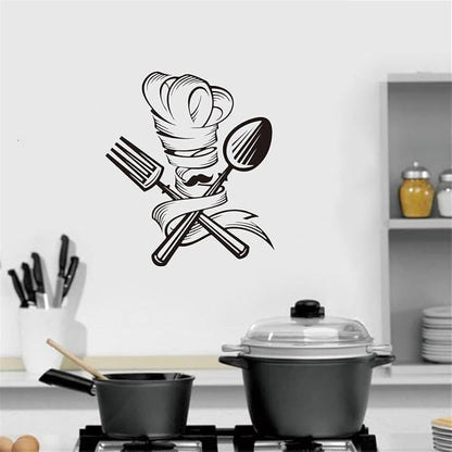 Whimsical Chef Wall Sticker: Kitchen Wall Art with Fork, Spoon, Chef Hat - Vinyl Décor Decal to Spruce Up Your Home Mural - Add a Touch of Culinary Charm Effect 17"x19"inch(Black-JZY048-Chef)