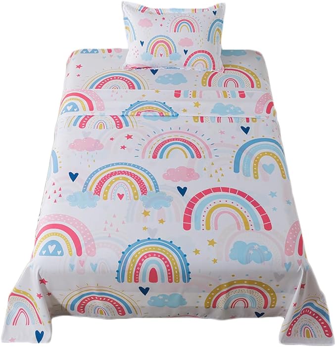 qjmiaofang Rainbow Twin Sheets Girls Rainbow Fitted Sheet for Kids Rainbow Bed Sheets 3Pieces Cartoon Rainbow Flat Sheet with Clouds Printed Bed Set Little Rainbow Bedding Set for Home Decor