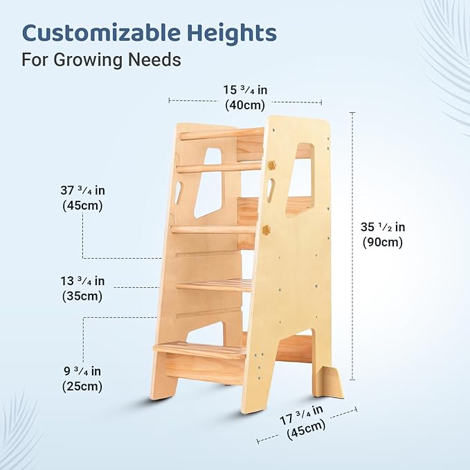 Toddler Standing Tower | Height Adjustable Step Stool for Kitchen Learning & Counter Help | Anti-Slip Baby Stand with Safety Rail & Feet | Montessori Learning Tower for Kids (Natural Varnished)