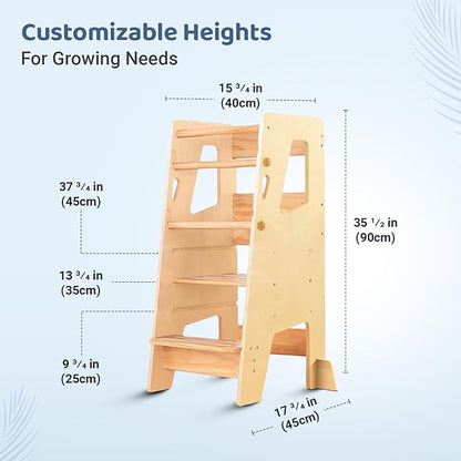 Toddler Standing Tower | Height Adjustable Step Stool for Kitchen Learning & Counter Help | Anti-Slip Baby Stand with Safety Rail & Feet | Montessori Learning Tower for Kids (Natural Varnished)