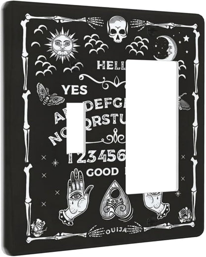 Black Witchy Skeleton Skull Gothic Sun Moon 2 Gang Single Toggle Rocker Combination Novelty Light Switch Covers Decorative Unique Wall Plate Cover Electrical Faceplate Switchplate for Home