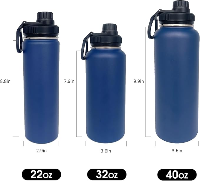 1pack 32 oz Insulated Water Bottle With Straw, Stainless Steel Sports Water Cup Flask with 2 Lids, Wide Mouth Travel Thermal Mug,Navy