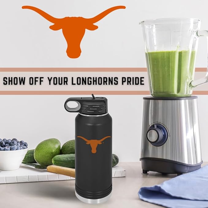 University of Texas at Austin 32oz Stainless Steel Double Walled Black Beverage Bottle with Flip Straw Spout - College Gear for Playoff Season – For Office, Home or Auto – Show your Longhorn Pride