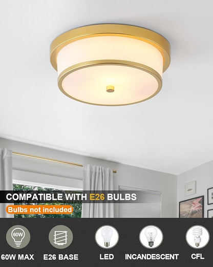 12 inch Flush Mount Ceiling Light, 2-Light Close to Ceiling Light Fixtures with Gold Finish for Bathroom Bedroom Kitchen Hallway (Gold)