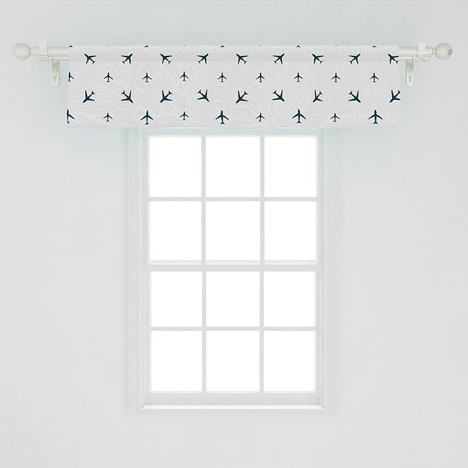 Ambesonne Airplane Window Valance, Diagonal Stripes Travel Silhouettes Vacation Aviation, Curtain Valance for Kitchen Bedroom Decor with Rod Pocket, 54" X 12", Petrol Blue