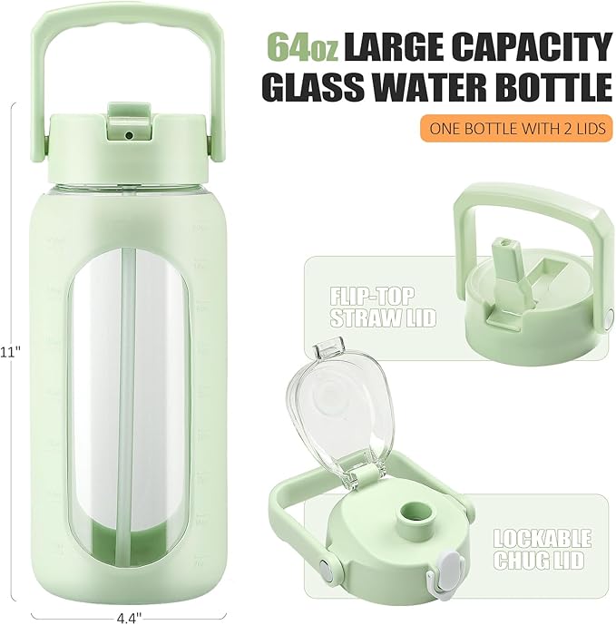 BLUEGO 64oz Glass Water Bottles with 2 Lids Flip Lid and Spout Lid Half Gallon Water Bottle with Straw 2L Large Water Bottle with Time and Capacity Markers for Gym Home Office Leak-proof, Green