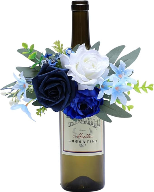 1Pcs Wine Bottle Flower Set, Dining Tables, Plates Decorations，Navy Blue Artificial Flowers Wine Cup for Wedding Ceremony Anniversary, Wedding Home Decor (Blue)