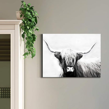 Renditions Gallery Canvas Animal Wall Art Home Paintings & Prints Highland Longhorn Cow Modern Black & White Glam Horror Artwork Decorations for Bedroom Office Kitchen - 8"x12" LT33