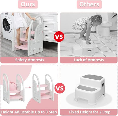 Toddler Step Stool Chair Onasti Kids 3 Step Standing Tower for Toddlers Plastic Learning Helper Stool for Kitchen Counter Bathroom Sink Toilet Potty Training with Handles and Non-Slip Pads-Pink White