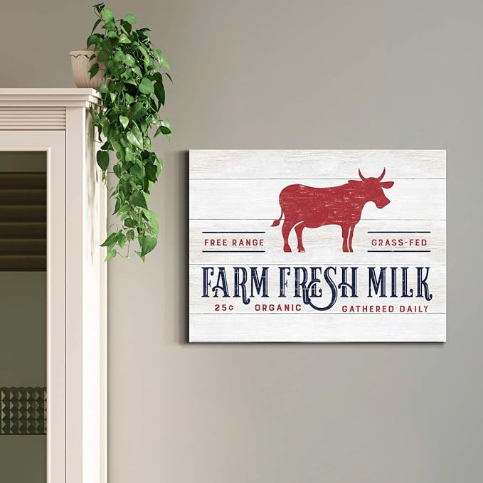 Renditions Gallery Canvas Animal Wall Art Home Paintings & Prints Organic Farm Fresh Milk Abstract Red & White Modern Cow Artwork Decorations for Bedroom Office Kitchen - 12"x18" LT33