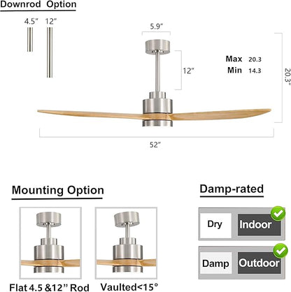 52" Wood Ceiling Fan with Lights and Remote Control, 3 Blades 6-Speed Dimmable Light Reversible DC Motor Ceiling fan for Kitchen Bedroom Dining Living Room, Wood Blades with Nickel