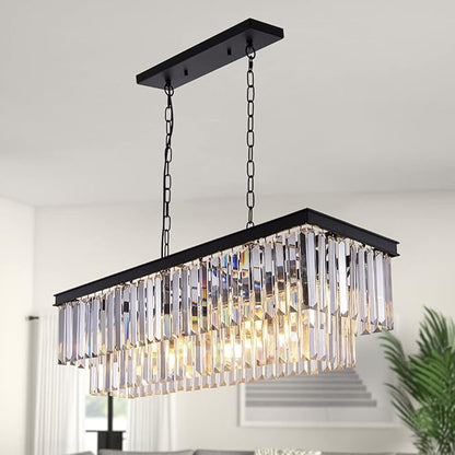 Wellmet Black Crystal Chandelier, 9-Light Modern Farmhouse Chandeliers Dining Room Lighting Fixture, Adjustable Rectangle Hanging Ceiling Light for Living Room,Pool Table Light, Kitchen Island