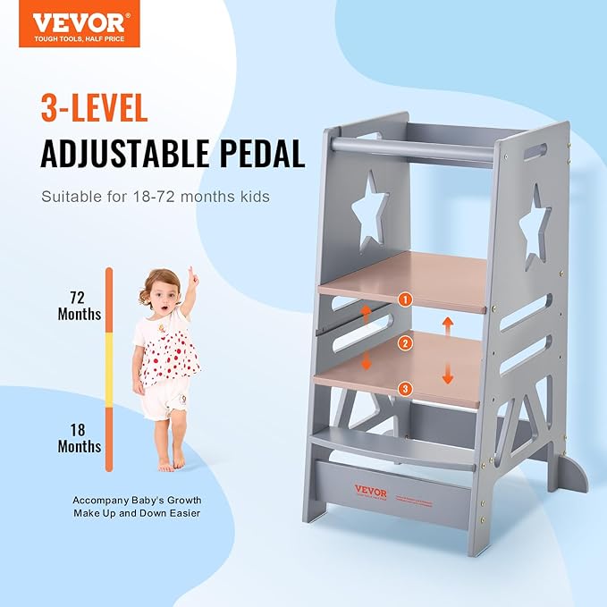 VEVOR Bamboo Tower Step Stool for Kids and Toddlers, 3-Level Height Adjustable Bamboo Toddler Kitchen Step Stool, 350LBS Loading Tower Stool with Safety Rail for Kitchen Counter Bathroom, Gray