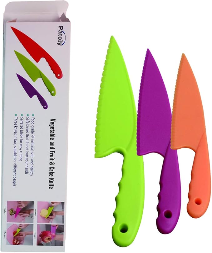 3 PACK Kids Kitchen Knife Food Grade Nylon Kids Chef Knives, Plastic Kids Cooking Knives Safe Vegetables Cutters for Fruit, Cake, Lettuce, Salad (3 Colors and Sizes)