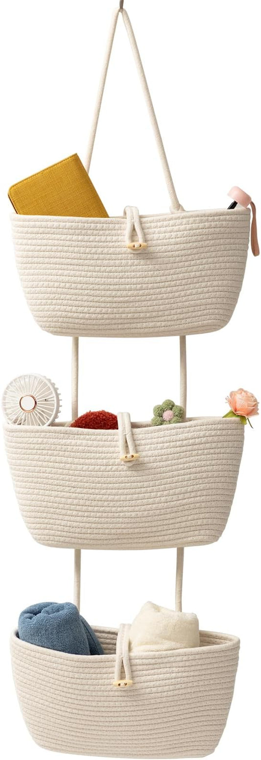 TeoKJ Over the Door Hanging Baskets with Button Strap, 3-Tier Woven Cotton Storage Organizer Bag, Wall-Mounted with Hook Decorative Hanging Kitchen Baskets - White