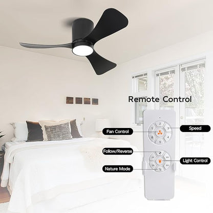 42 Inch Low Profile Ceiling Fan with Lights, Modern Flush Mount Ceiling Fan, 3 ABS Blades, 6-Speed, Reversible DC Motor, Noiseless, for Indoor/Outdoor Kitchen Bedroom, Black