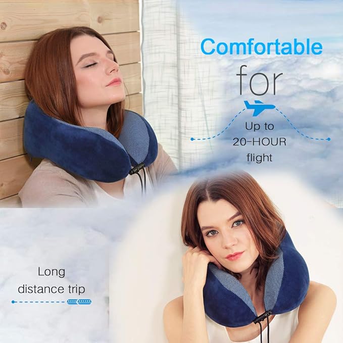 Travel Pillow, Best Memory Foam Neck Pillow Head Support Soft Pillow for Sleeping Rest, Airplane Car & Home Use (Dark Blue)