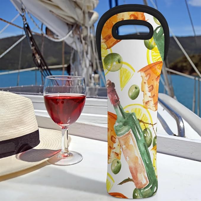 Watercolor Wine Carrier Tote, Neoprene Wine Tote Bag 750ML, Portable Wine Bottle Carrier Tote Holders for Wine Beer Cans Water, 1-Bottle Protector for Home Travel and Picnic