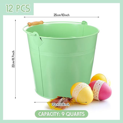 12 Pcs Large Galvanized Metal Buckets with Handle 10 Inch Heavy Duty Stainless Steel Pails Round Pail for Party Wedding, Crafts, Utensils, Table Centerpieces (Light Green)