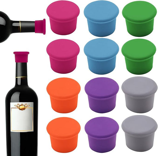 12 PCS Silicone Wine Stoppers, Reusable Silicone Wine Saver Sealer Stoppers Cover,Wine Bottle Caps Corks to Keep Wine Champagne Beverages Sparkling Beer Storage Fresh (6 colors)