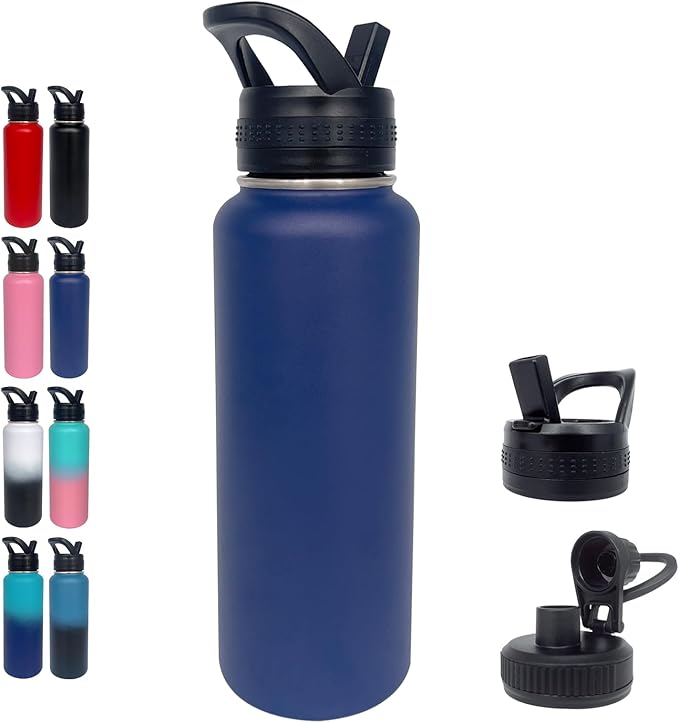 1pack 40 oz Insulated Water Bottle With Straw, Stainless Steel Sports Water Cup Flask with 2 Lids, Wide Mouth Travel Thermal Mug,Navy