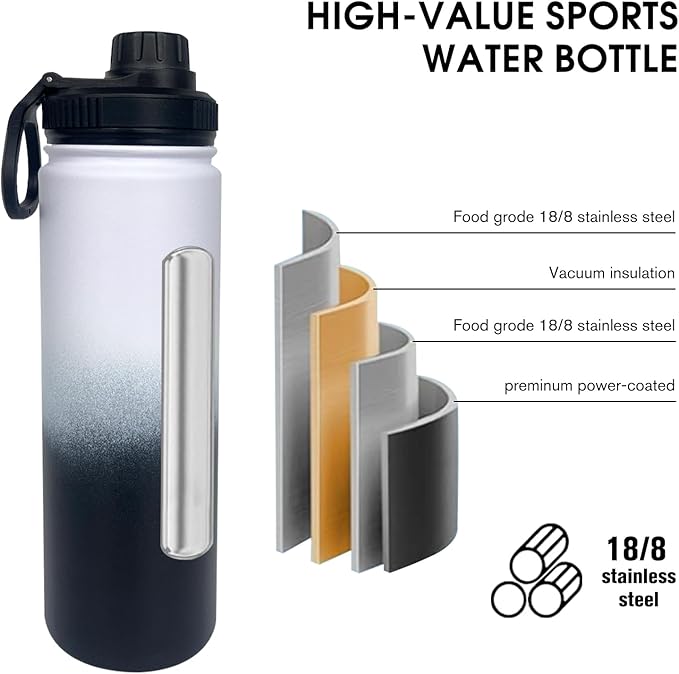 1pack 22 oz Insulated Water Bottle With Straw, Stainless Steel Sports Water Cup Flask with 2 Lids, Wide Mouth Travel Thermal Mug,Black white