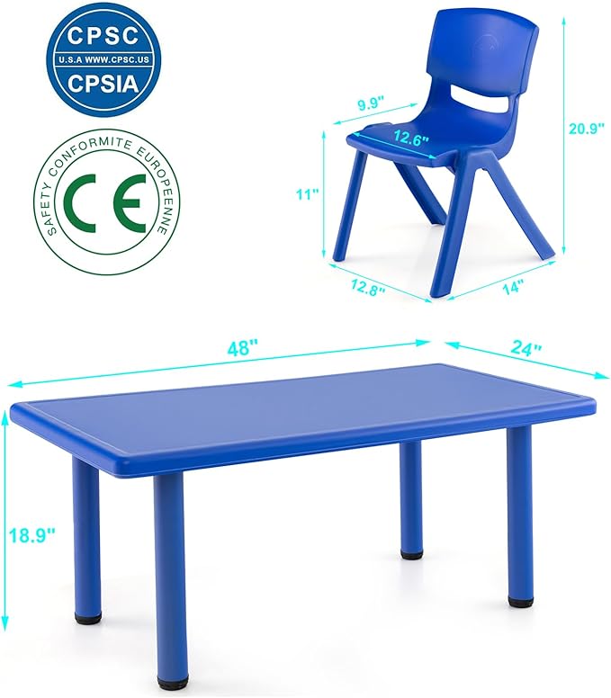 48" L x 24" W Kids Table and 4 Chairs Set, 1-8 Year Old Toddler Activity Craft Table for Toddlers Home, Nursery, Classrooms - Blue