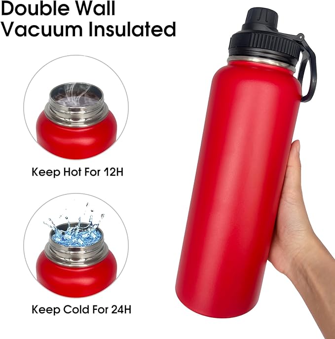 1pack 40 oz Insulated Water Bottle With Straw, Stainless Steel Sports Water Cup Flask with 2 Lids, Wide Mouth Travel Thermal Mug,Red