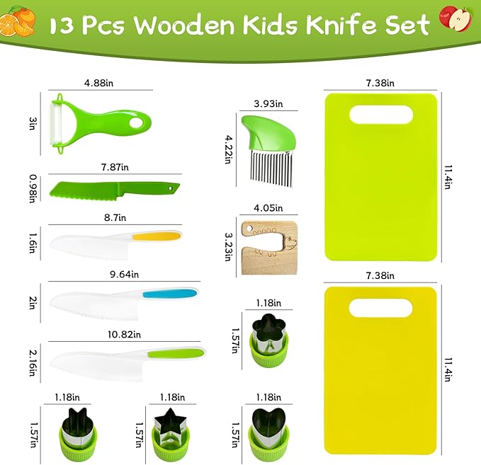 13 Pcs Montessori Kitchen Tools for Toddlers Kids Cooking Sets Safe Knife Set for Real Cooking Include Toddler Knives Cutting Boards Sandwich Cutters Peeler for Birthday