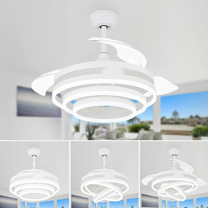 42" Retractable Ceiling Fan with Lights & Remote - Silent DC Motor Modern Ceiling Fan - 6 Speed LED Fan for Bedroom Living Room Kitchen