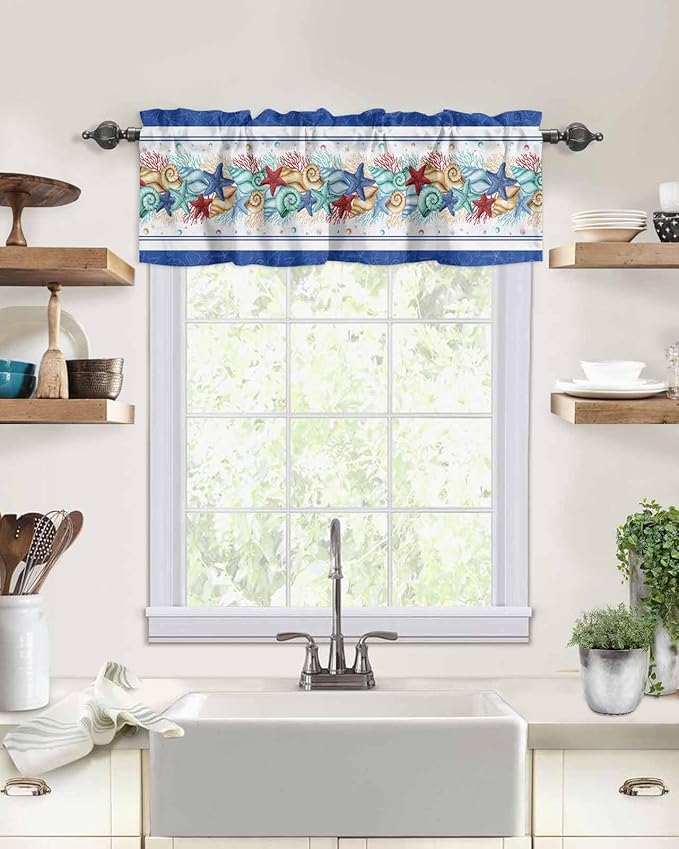 Vandarllin Coastal Beach Kitchen Curtains Valances for Windows Nautical Ocean Seashell Coral Starfish Rod Pocket Window Treatment for Kitchen/Living Room/Bedroom/Bathroom, 60" X 18", Blue Teal Summer