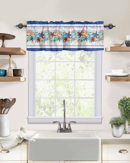 Vandarllin Coastal Beach Kitchen Curtains Valances for Windows Nautical Ocean Seashell Coral Starfish Rod Pocket Window Treatment for Kitchen/Living Room/Bedroom/Bathroom, 42" X 12", Blue Teal Summer