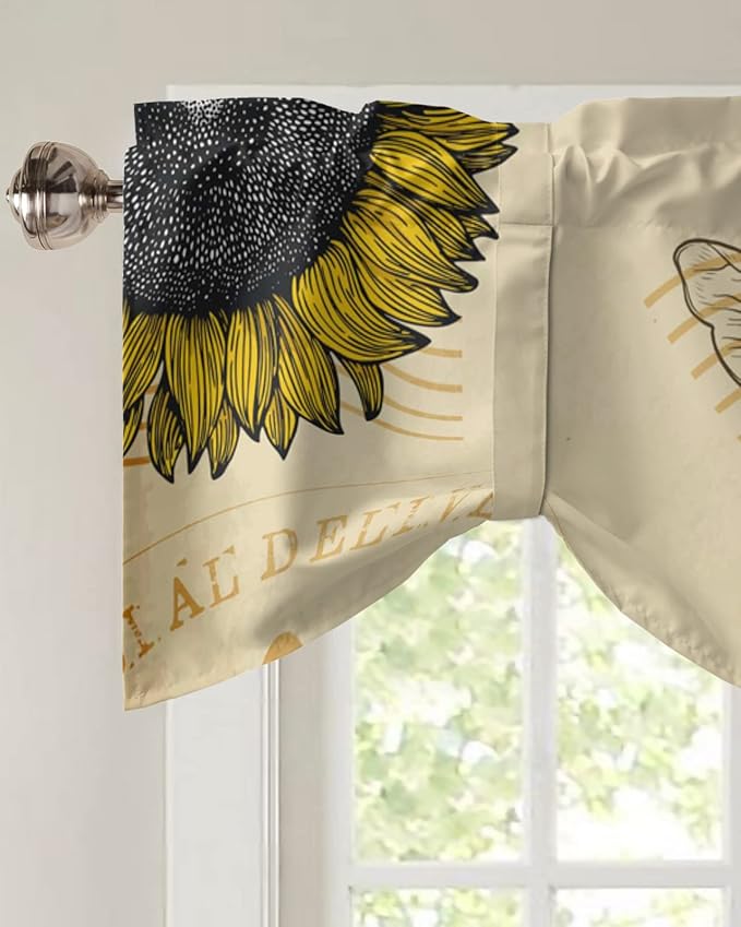 Vintage Sunflower Bee Blackout Tie Up Valance Curtains for Kitchen Windows Summer Window Toppers Balloon Shades for Living Room/Bathroom/Bedroom,1 Panel,60" X 18" Yellow